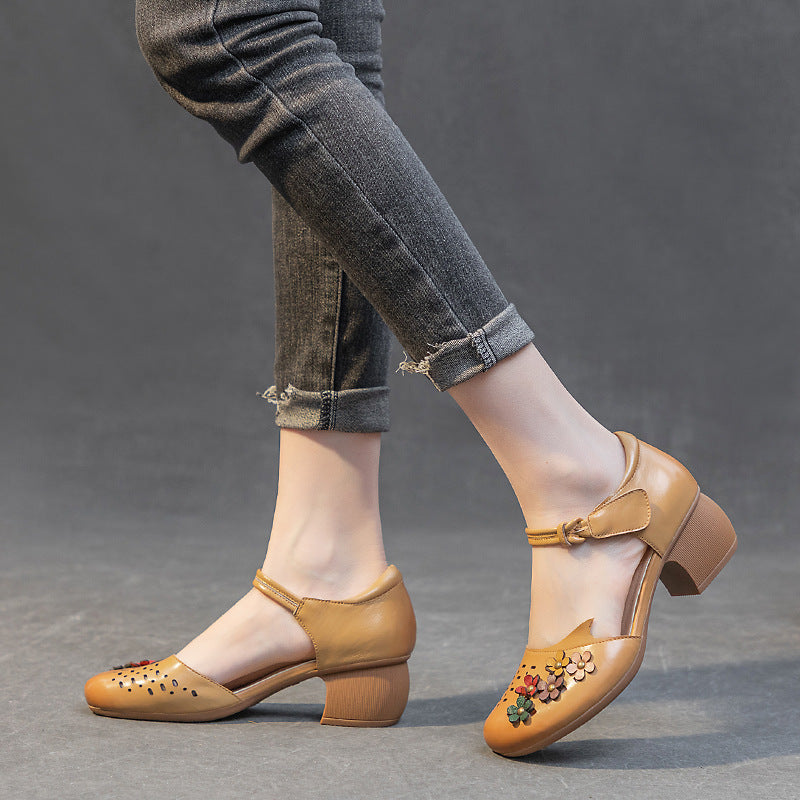 Women's Thick Mid Round Toe Brushed Hollow Heels