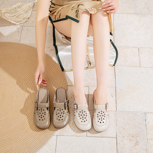 Women's Chunky Breathable Hollowed Toe Box Mother's First Layer Cowhide Heels