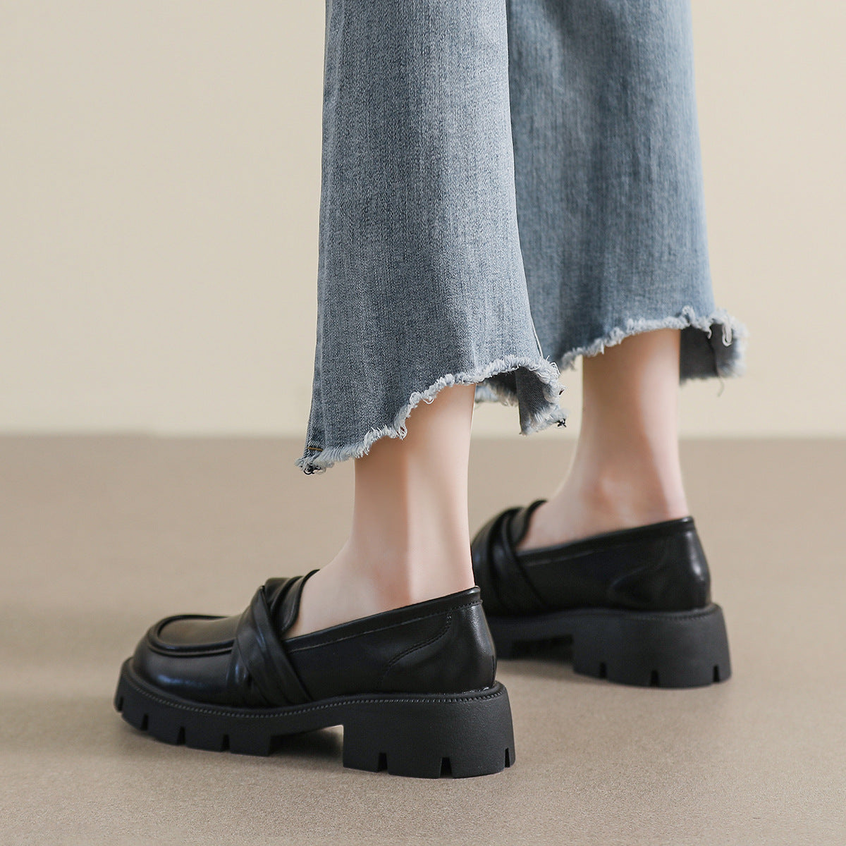 Platform Female Slip-on Black Vintage Preppy Loafers