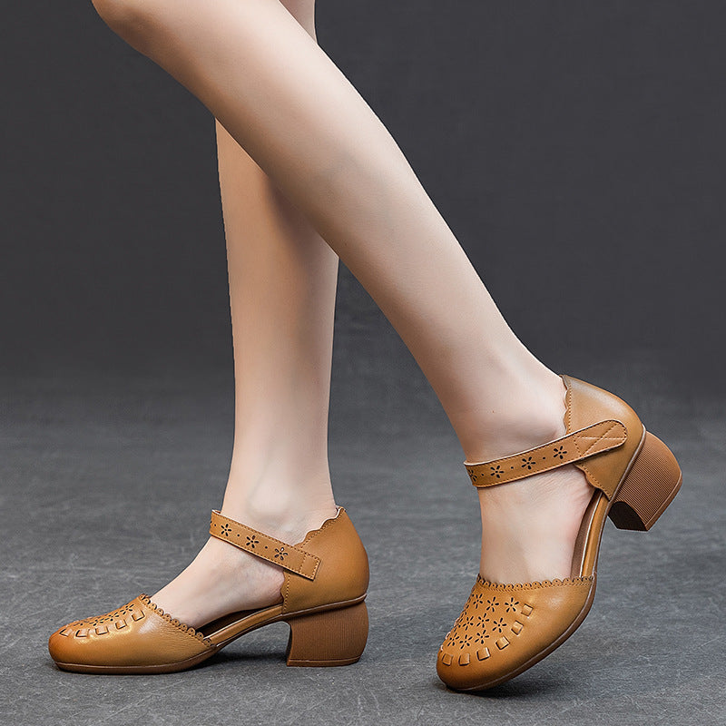 Women's Summer Thick Mid Top Layer Cowhide Heels