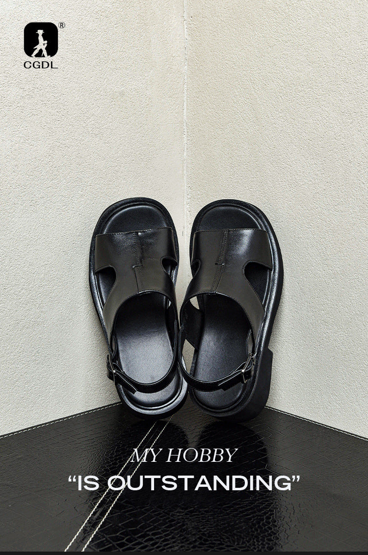 Men's Layer Cowhide Summer Breathable Deodorant Platform Sandals