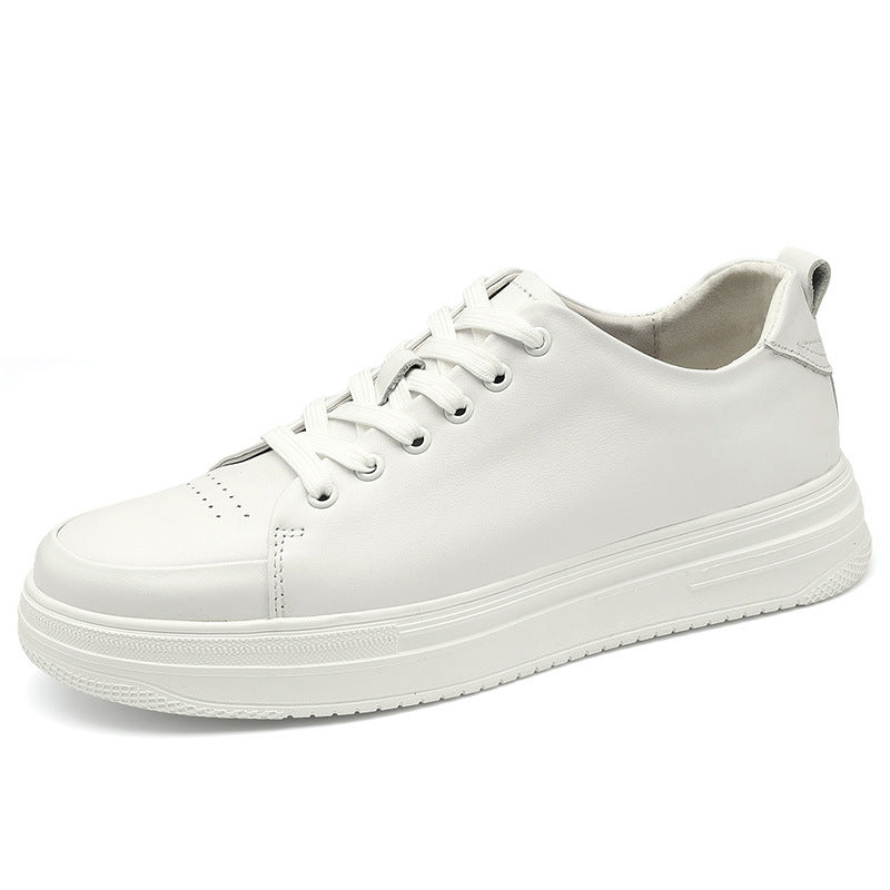 Women's & Men's Height Increasing Board Couple White Cowhide Sneakers