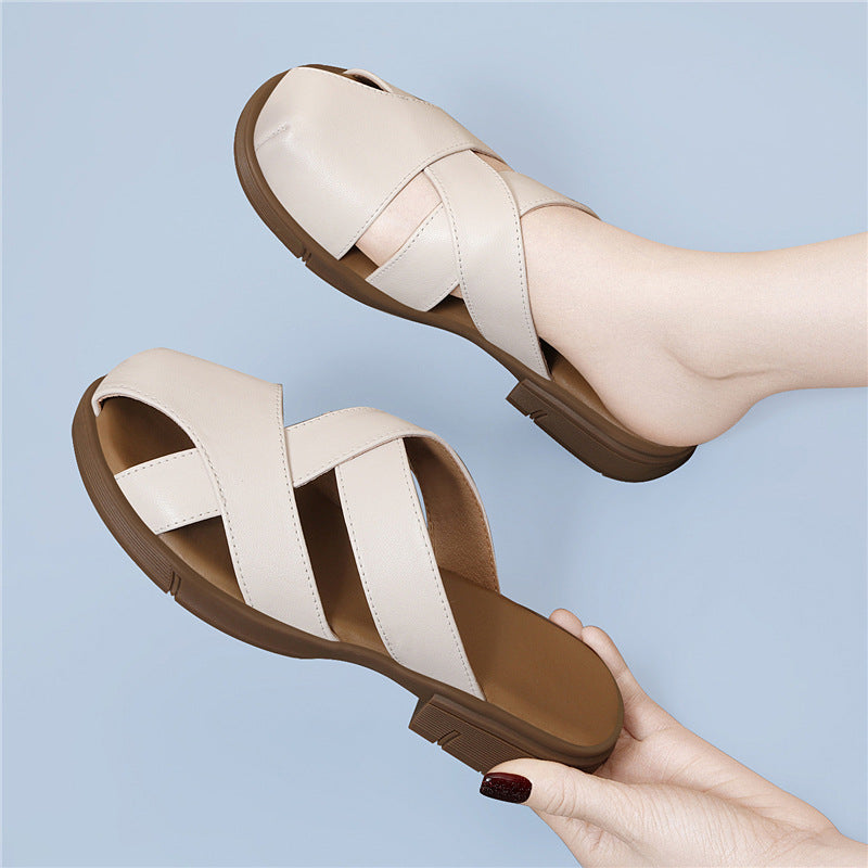 Women's Layer Cowhide Closed Toe Half Outer Wear Sandals