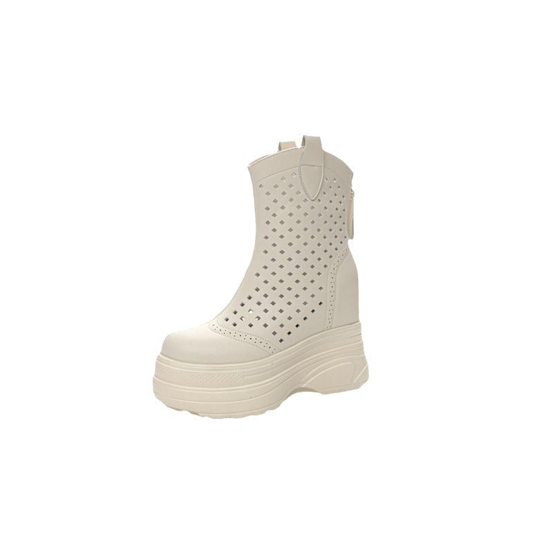 Women's Platform Skinny Elevator Perforated High Riding Boots