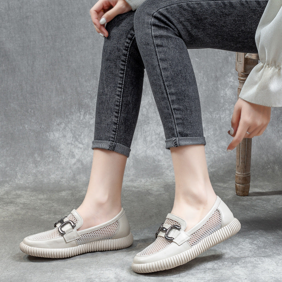 Women's Layer Cowhide Hollow Slip-on Breathable Pumps Loafers