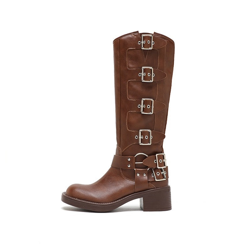 Women's Western Cowboy Punk High Metal Belt Buckle Boots