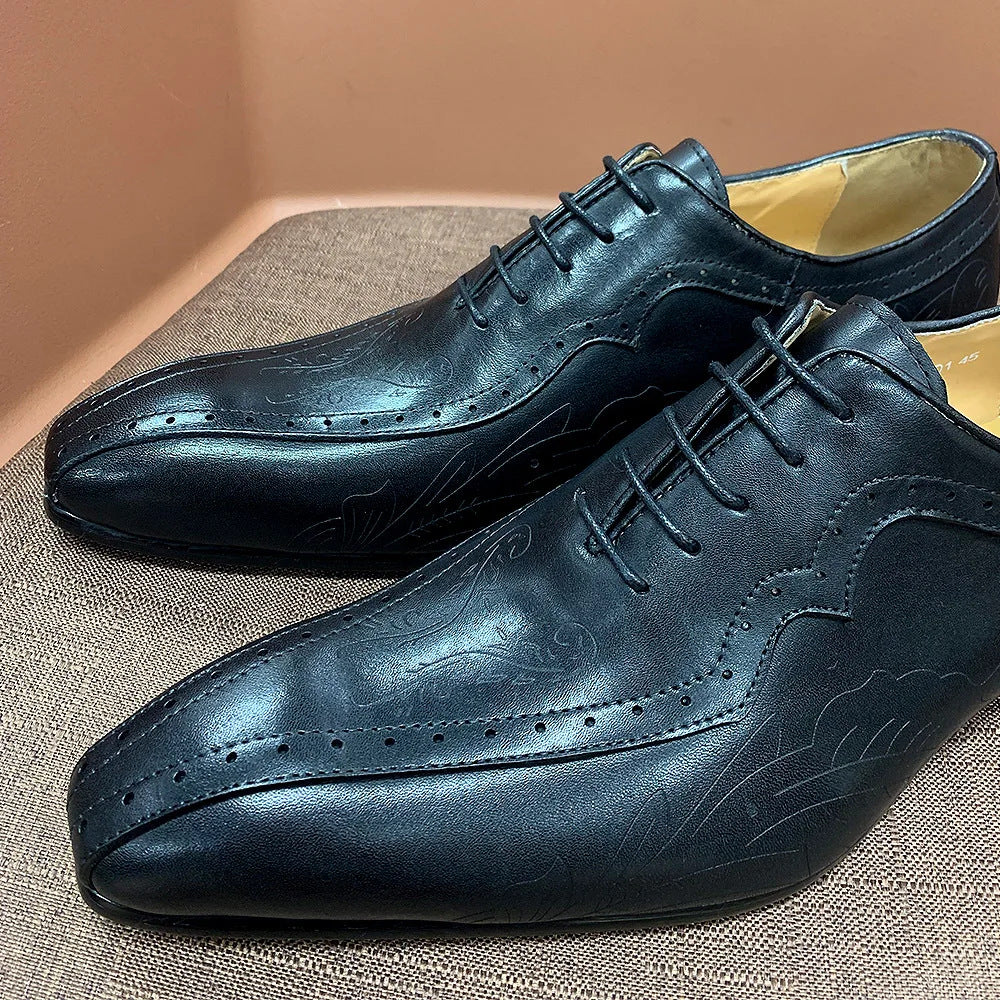 Men's Pointed Business Carved Brown Oxford Leather Shoes