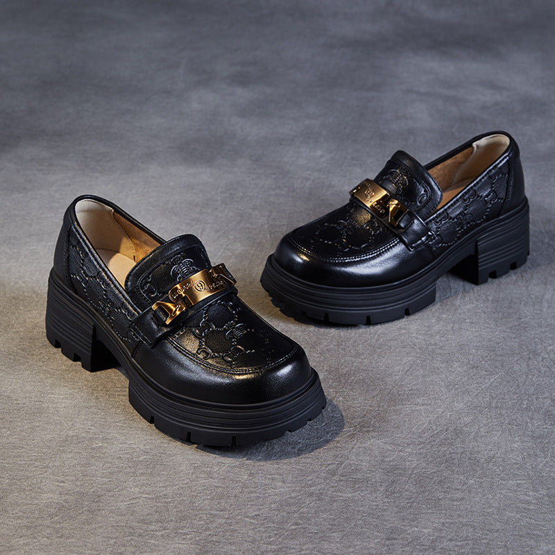Women's First Layer Cowhide Black Embossed Thick-soled Loafers