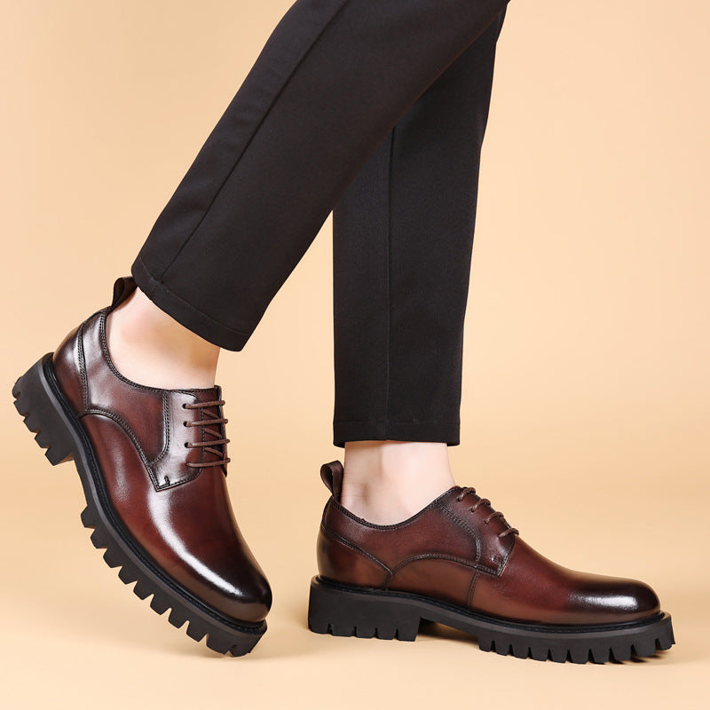 Business British Round Head Elevator Soft Leather Shoes