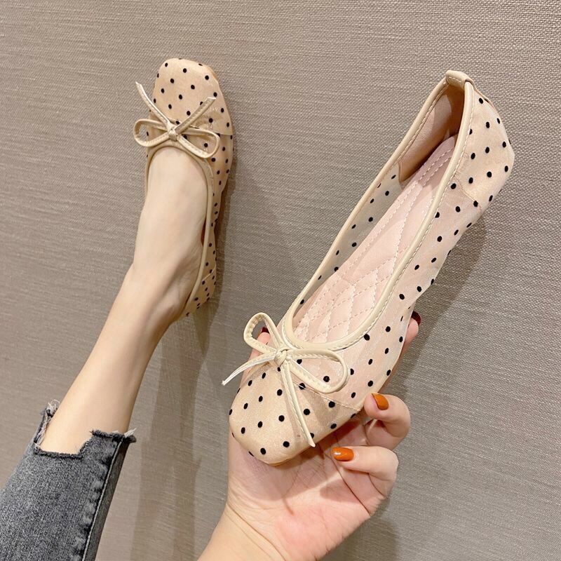 Mesh Fairy Summer Versatile Square Toe Flat Bow Casual Shoes