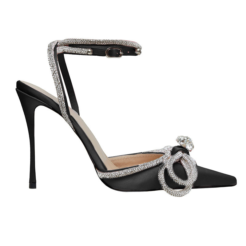 Bow Rhinestone Satin High Stiletto Pointed Toe Buckle Strap Heels