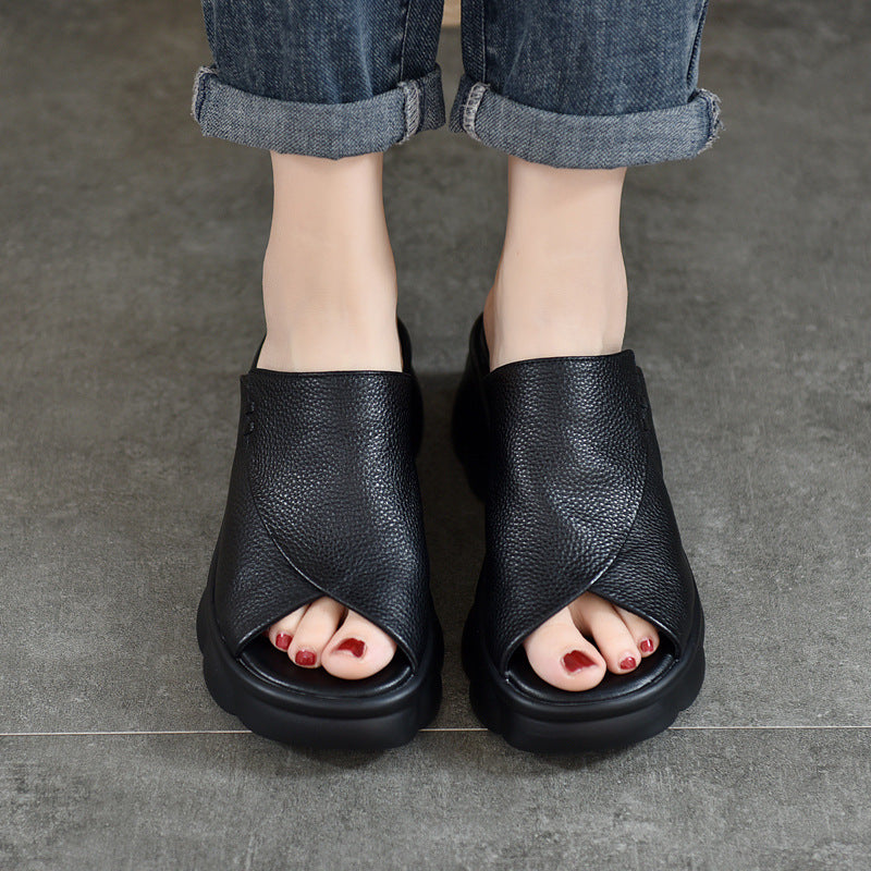 Women's Two-pair Thick-soled Muffin Top Layer Cowhide Slippers