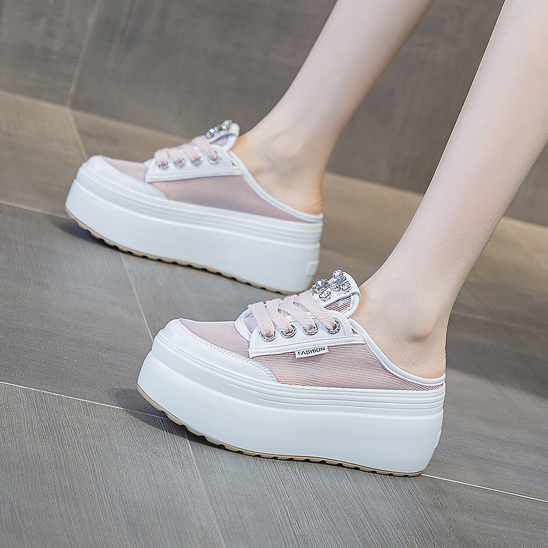 Women's Breathable Mesh Rhinestone Platform Increased Trendy Slippers