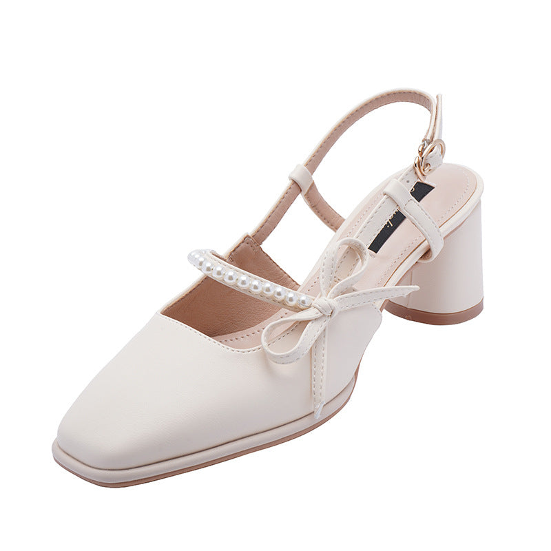 Style Chunky Spring Pearl Mid Back Empty Bow Heels