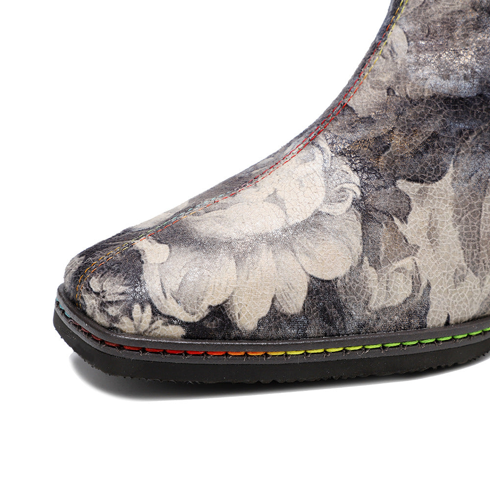 Women's Painting Landscape Pattern Printed Belt Buckle Boots