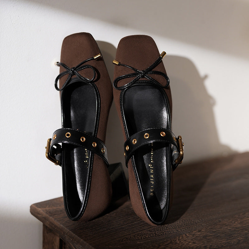 Bow Frosted Belt Buckle Mary Jane Female Chunky Women's Shoes