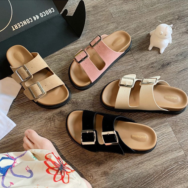 Women's Pair Of Comfortable Lazy Double Buckle With Slippers