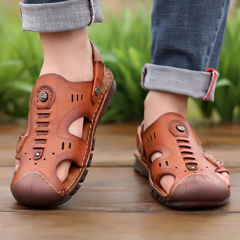 Men's Cowhide Closed Toe Two-way Breathable Genuine Beach Sandals