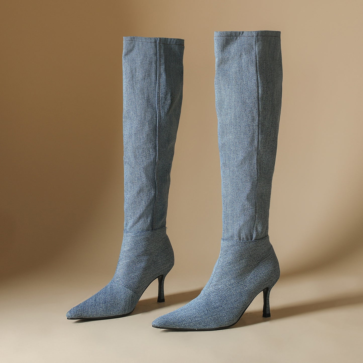 Women's Denim Pile Style High Pointed Toe Boots