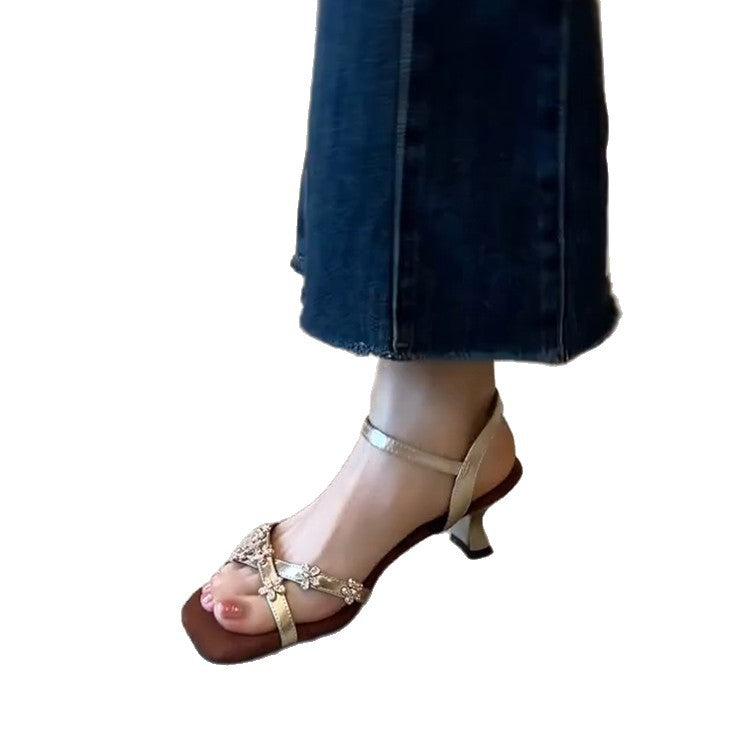 Women's Rhinestone Flower Square Toe Soft Elegant Inner Match Skirt Heels