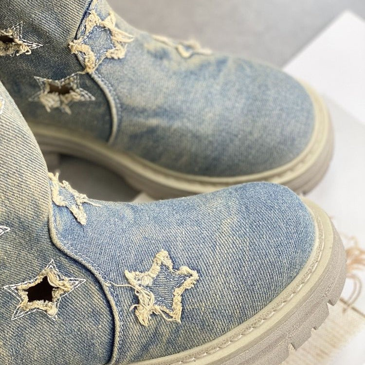Women's Summer Western Denim Martin Mid Short Hollow Boots