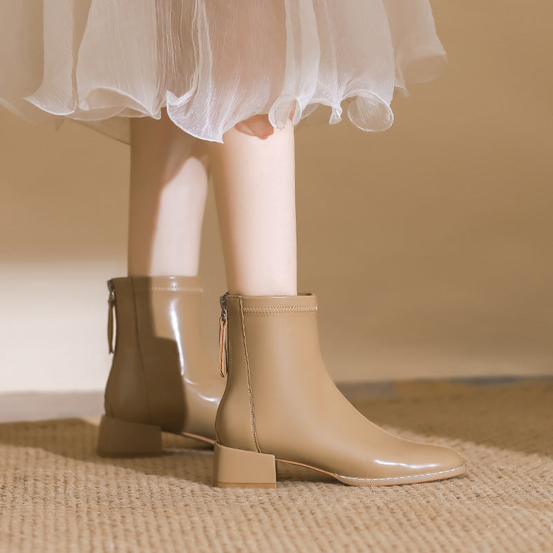 Women's Toe Chunky Short Back Zipper Skinny Boots