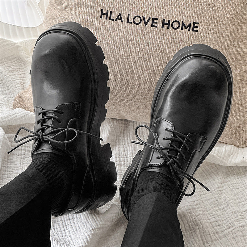Men's Platform Height Increasing Derby High-grade Black Leather Shoes