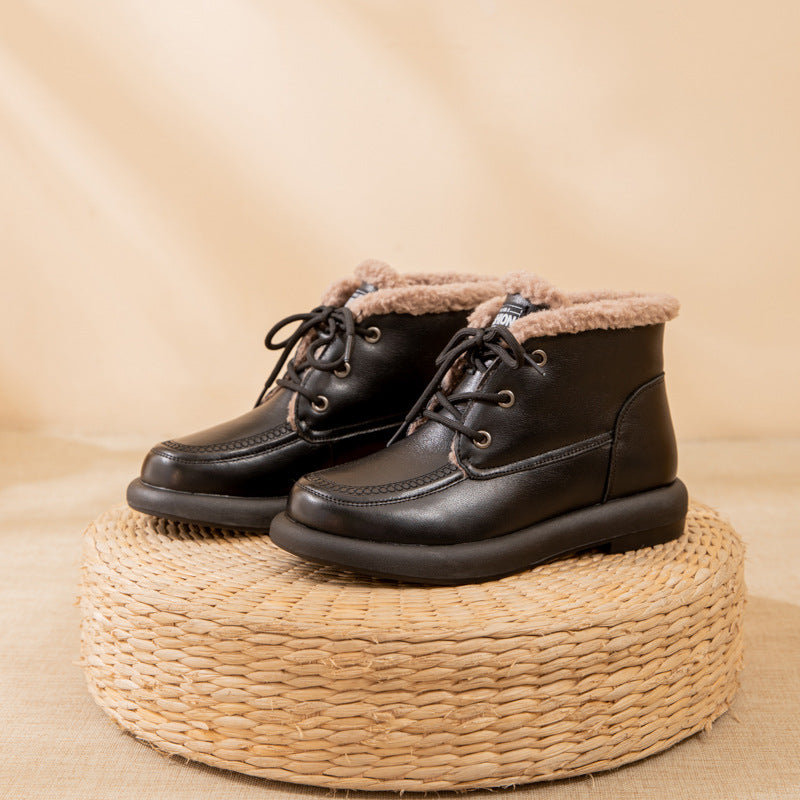 Women's Winter Genuine Flat Round Toe Thickened Snow Boots