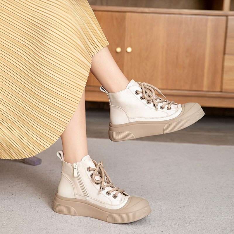 Women's Autumn First Layer Cowhide Platform Retro Sneakers