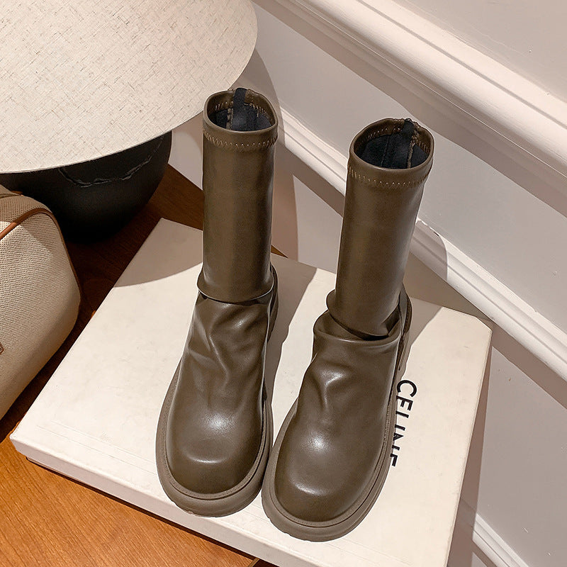 Women's Round Toe Pleated Back Zipper Pile Boots