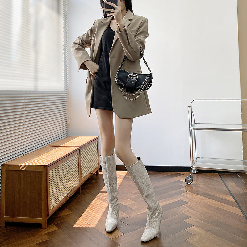 Square Toe High White Knight Crocodile Boots