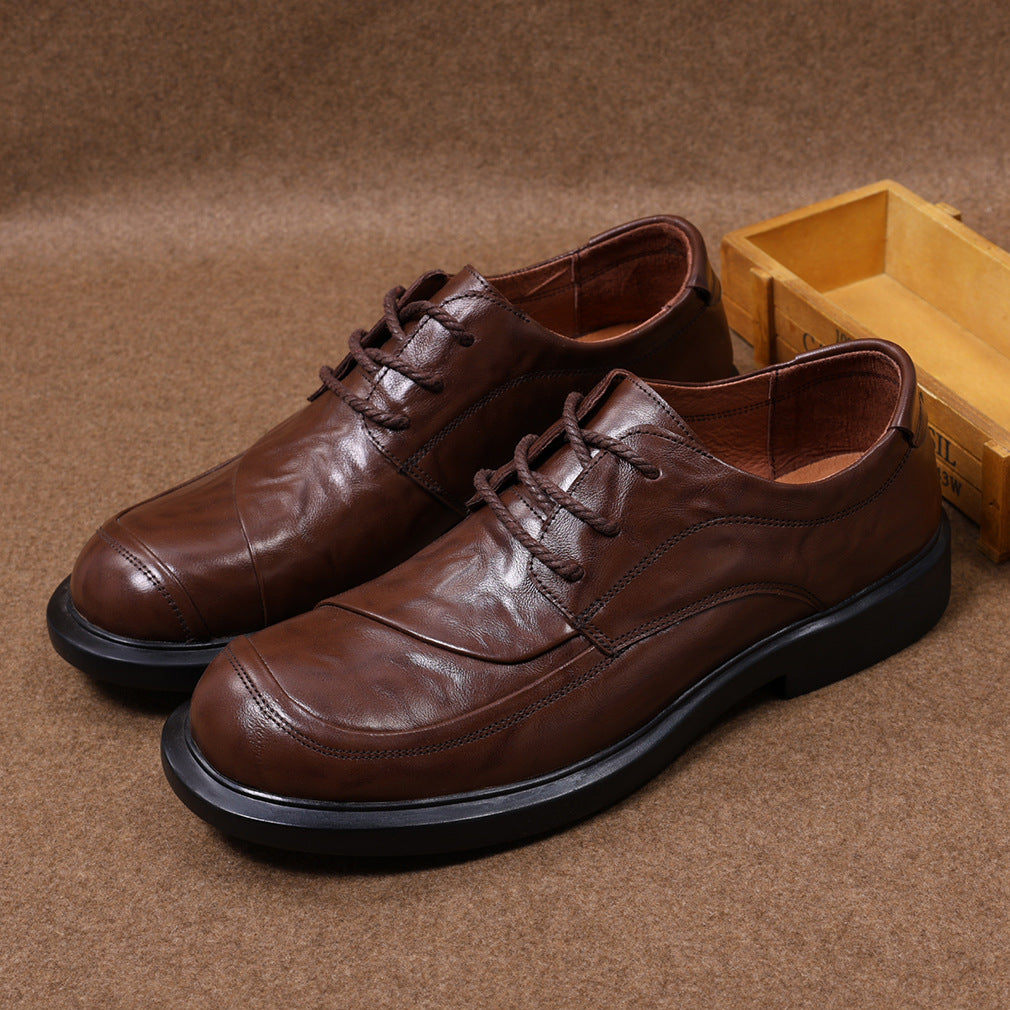 Men's Cowhide Breathable Lace Up Round Toe Soft Bottom Leather Shoes