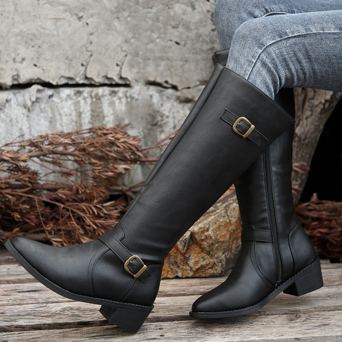 Women's Square Tall Knight Belt Buckle Solid Boots