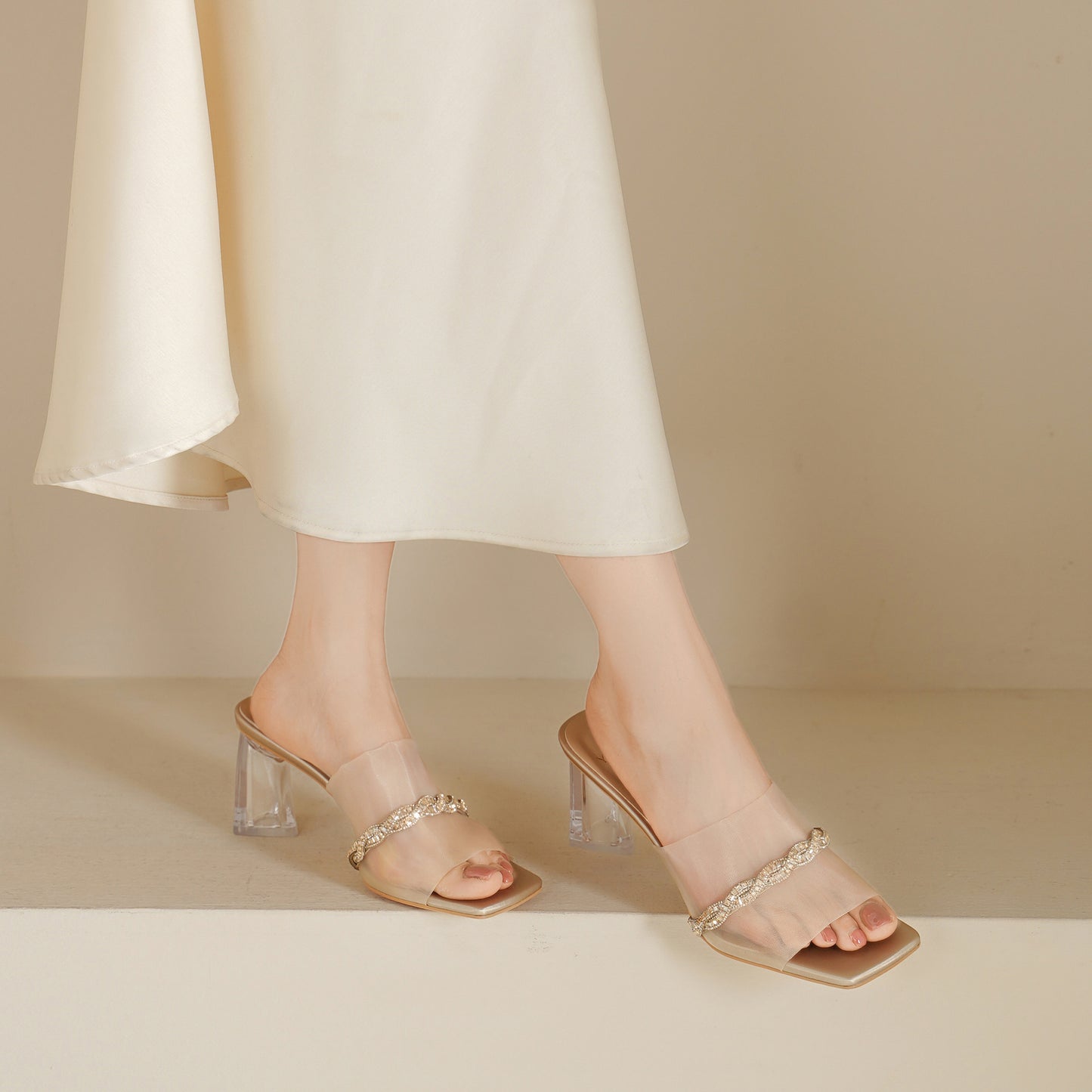 Women's Summer Open Toe Chunky High Rhinestone Heels