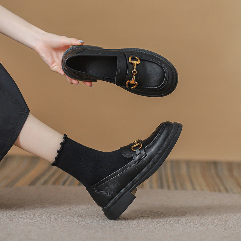 Women's Genuine Black Slip-on Small British Style Loafers