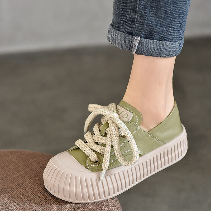 Women's Genuine Pumps Thick Bottom Platform Lace Up Round Casual Shoes
