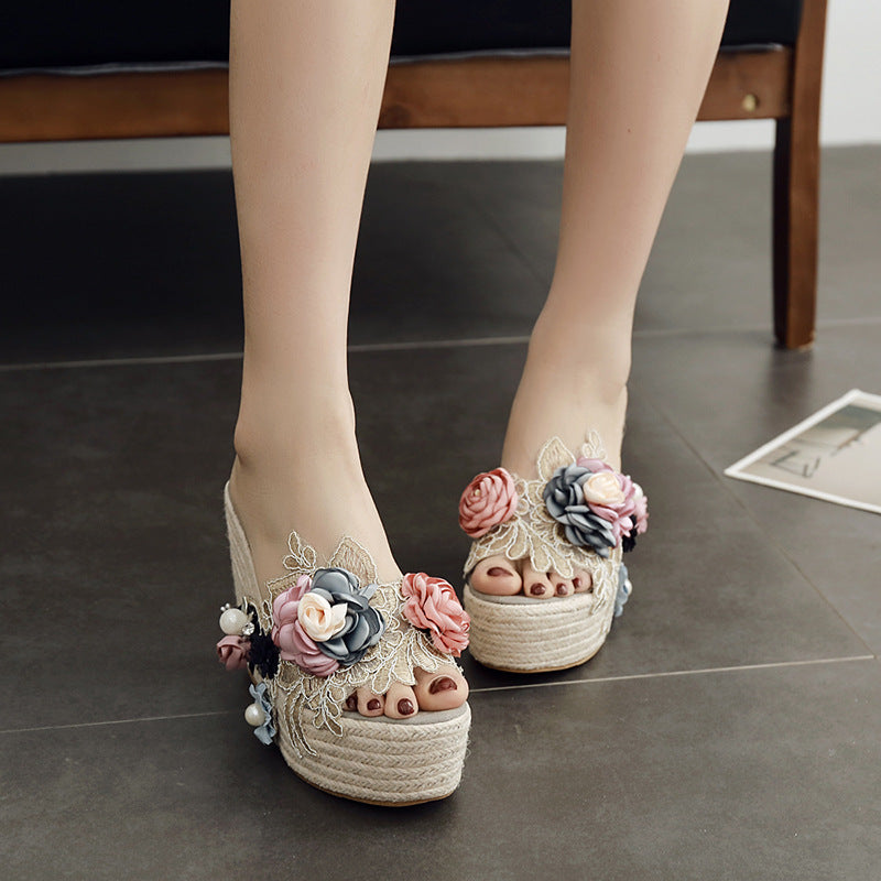 Women's Platform Hemp Rope Woven Flower Pearl Transparent Sandals