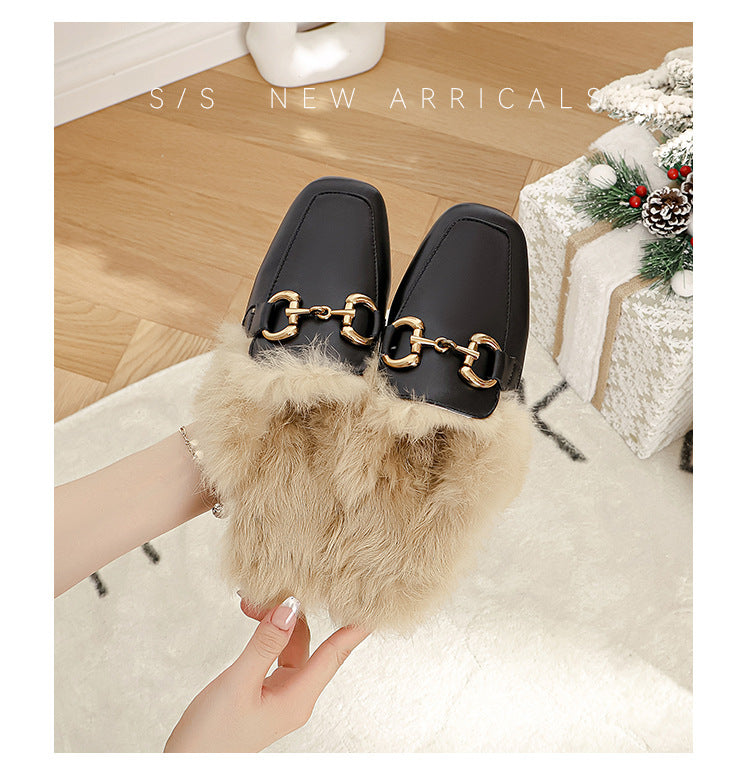 Women's Woolen Outer Wear Rabbit Fur Mules Flat Toe Box Sandals