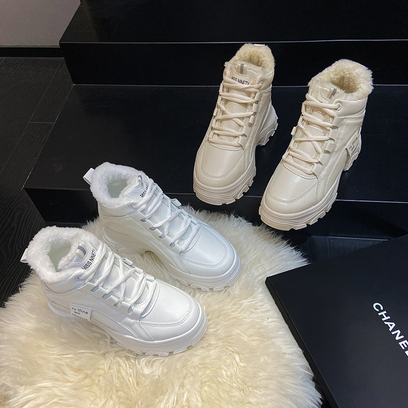 Winter Platform White Fleece-lined Korean Style Versatile Casual Shoes