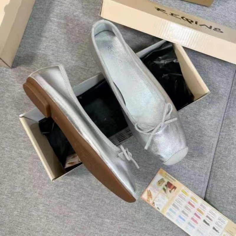 Women's Ballet Genuine French Style Retro Flat Bottom Square Head Casual Shoes