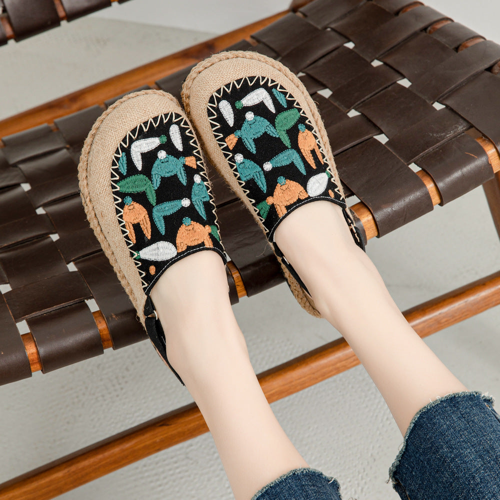 Fox Embroidery Flat Bottom Summer Deep Mouth Toe Sandals