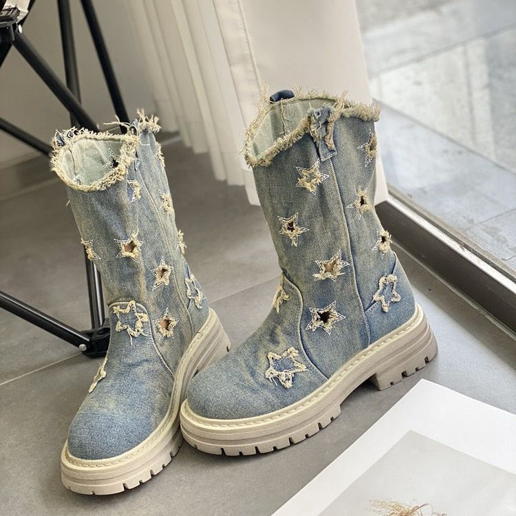 Women's Summer Western Denim Martin Mid Short Hollow Boots