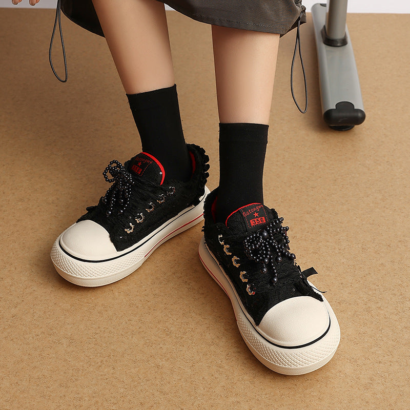 Women's Surface Thin Breathable Lace Pearl Platform Sneakers