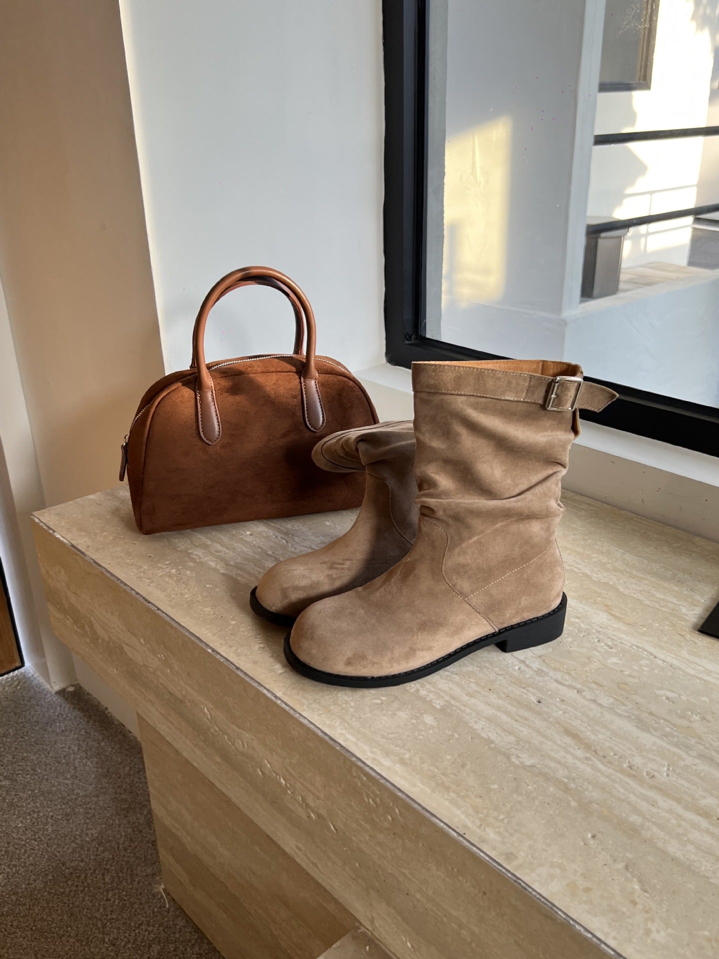 Women's For Retro Round Toe Belt Buckle Slimming Boots