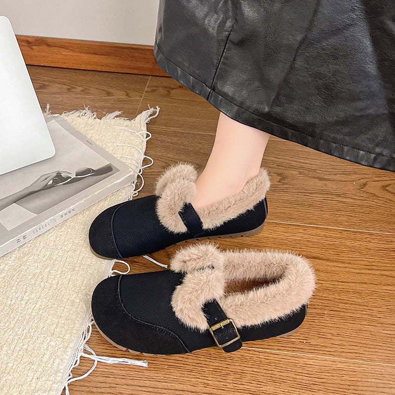Women's Winter Vintage Fleece-lined Round Toe Flat Bottom Casual Shoes