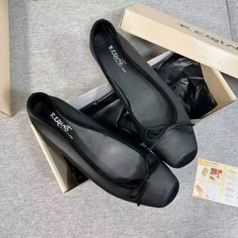 Women's Ballet Genuine French Style Retro Flat Bottom Square Head Casual Shoes