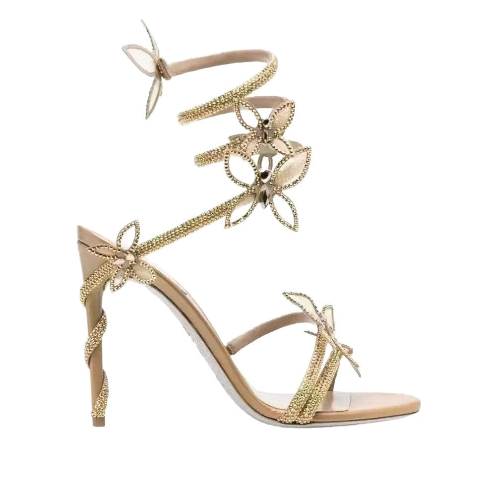 Women's Summer Style Winding Tape Rhinestone High-heeled Heels