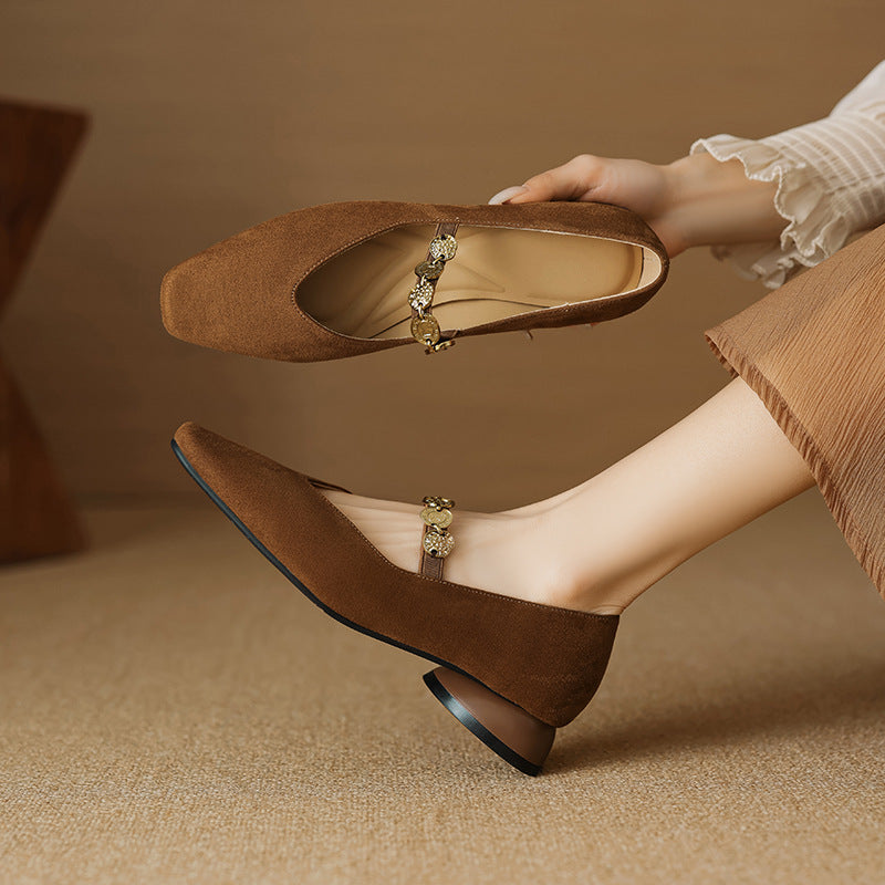 Women's Sheepskin French Square Head Gold Coin Mary Jane Women's Fashion Shoes
