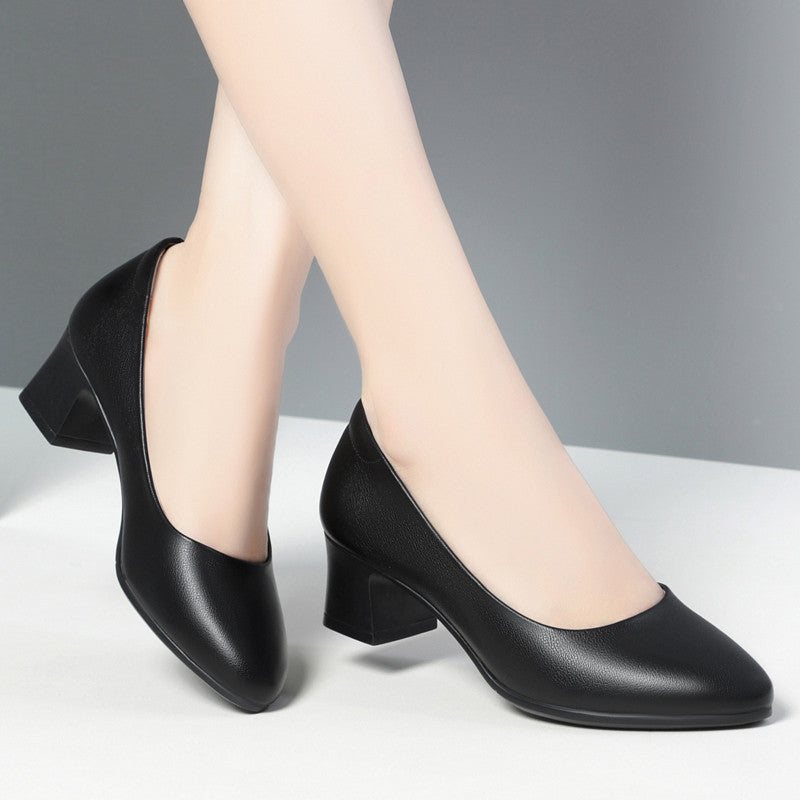 Women's Tired Feet Black Chunky Mid Hotel Shallow Mouth Casual Shoes