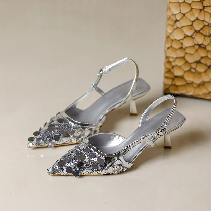 Bride Pointed Sequins Closed Toe Back Empty Summer Heels